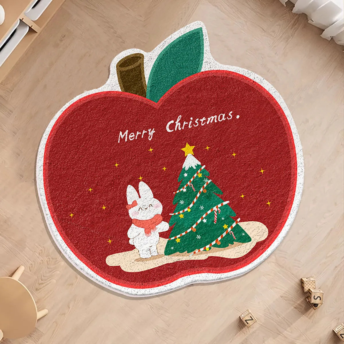Round Christmas carpet with imitation cashmere fabric showing festive prints of gingerbread man and Christmas stockings