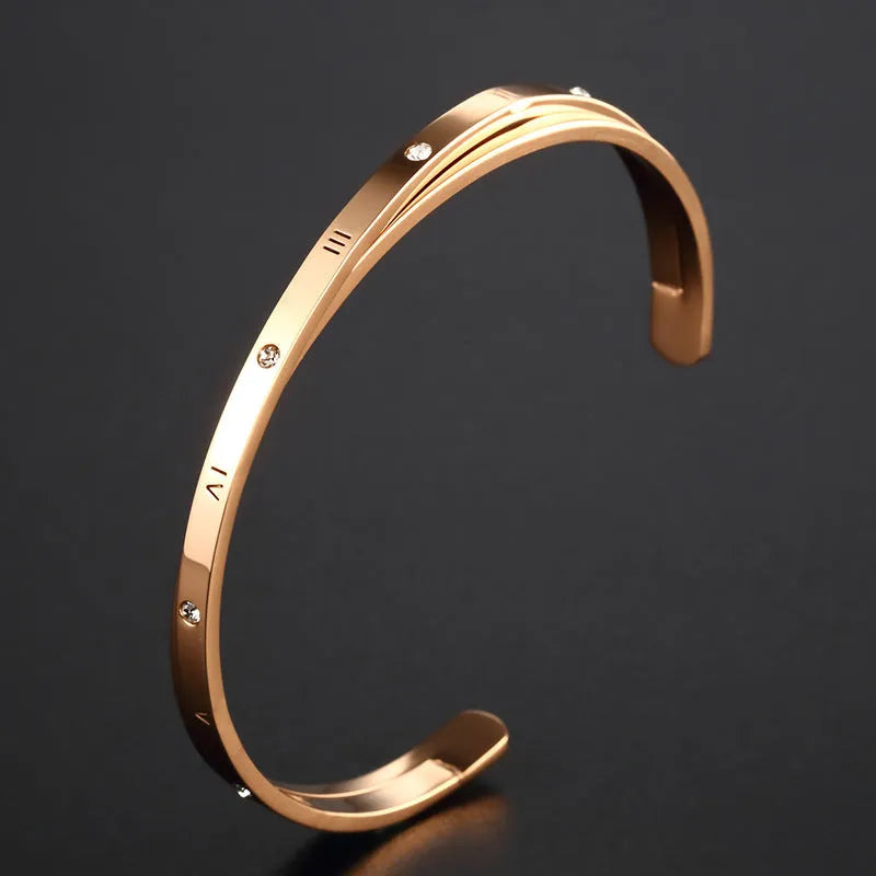Open-ended women's bracelet with zircon stones in rose, steel, or gold electroplated finish