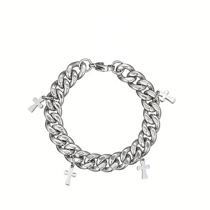 Titanium steel men's bracelet with geometric shape and cross design in cold wind style
