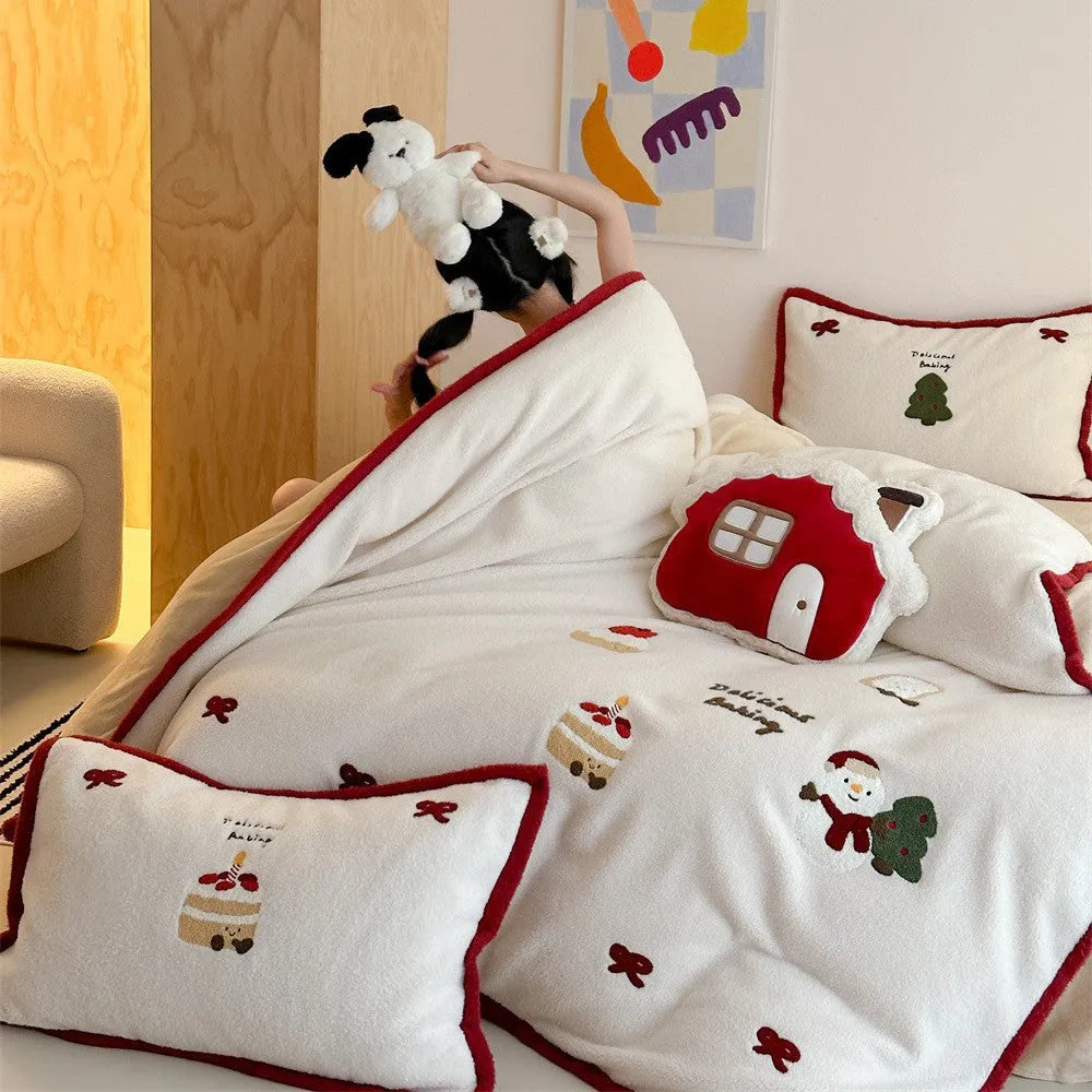 Winter Christmas bedding four-piece set with Snowy Milk Pastry cartoon pattern for bed