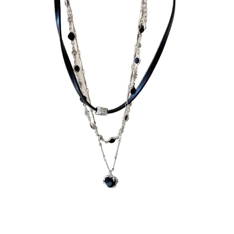 Women's multi-layer necklace with leather heart pendant, alloy chain and artificial crystal elements