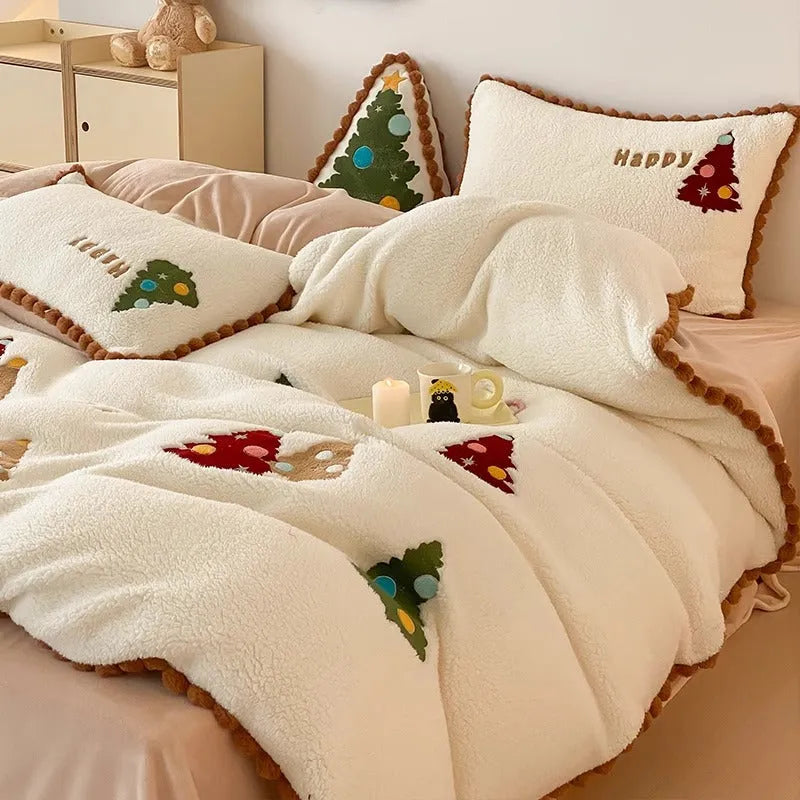 Bright yellow four-piece bedding set with cartoon Christmas tree pattern, fleece-lined for winter warmth