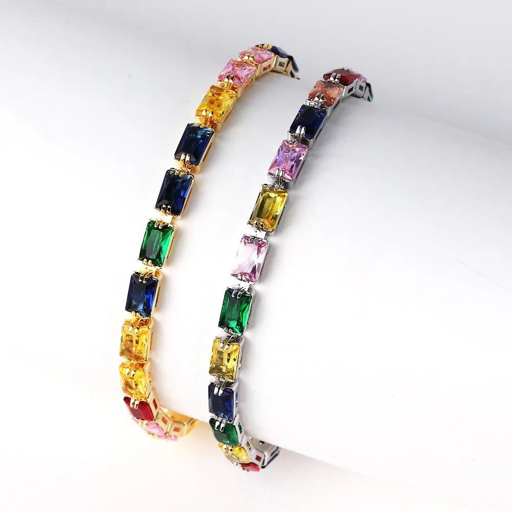 Women's zircon bracelet with electroplated alloy band and coloured stones