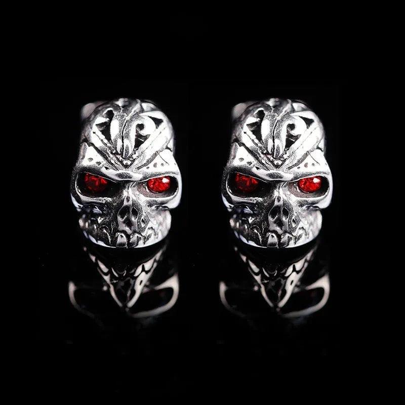 Retro-style skull stud earrings with red eye ghost head design in electroplated alloy metal