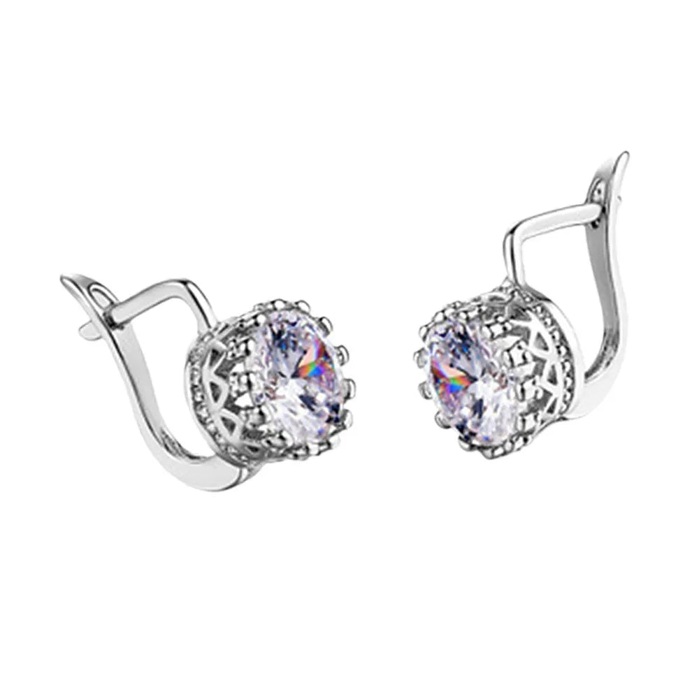 Korean retro crown ear clip earrings with white diamond accents in rose gold or white gold finish