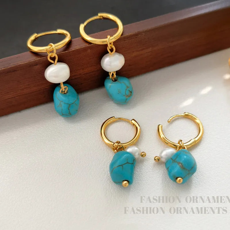 Geometric turquoise and cultured pearl clip earrings for women in long and short styles