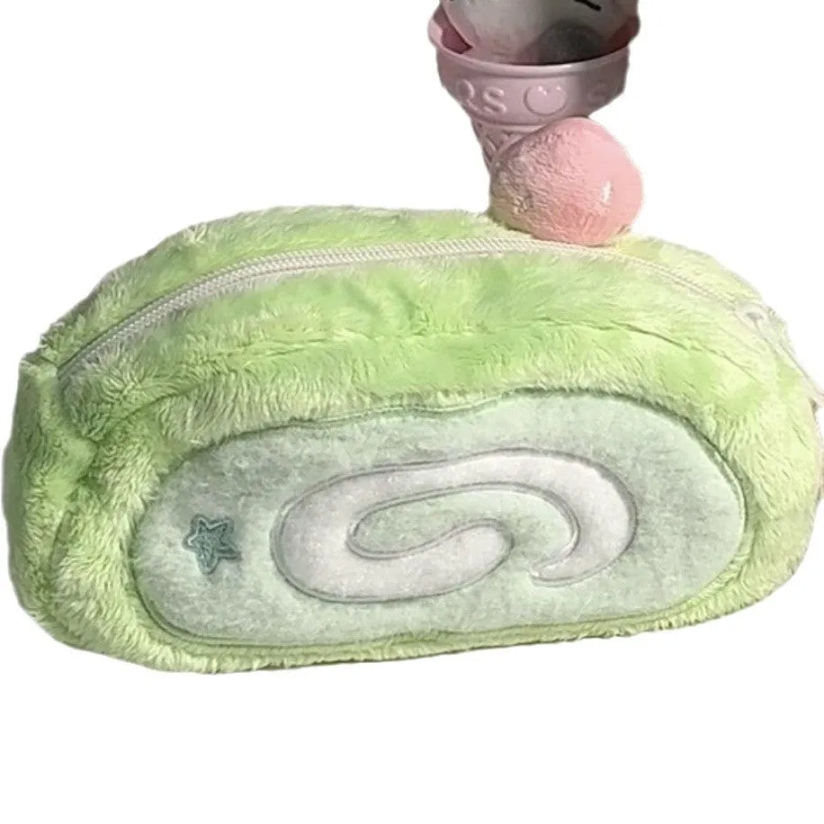 Swiss roll cake design pencil case with plush velvet exterior in Korean style stationery storage