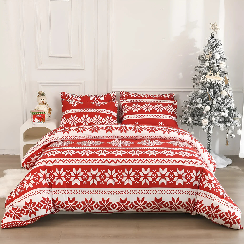 Winter Sleepers red Christmas Love Song pattern bedding three-piece set on a bed
