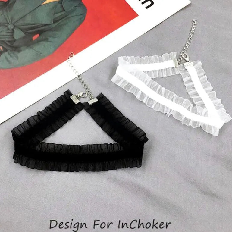 Velvet ruffled flower pendant clavicle necklace with snake bones chain in black, light coffee, or white colour