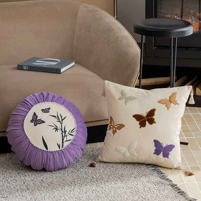 Butterfly embroidery Chinese style decorative cushion 45x45cm beige black purple