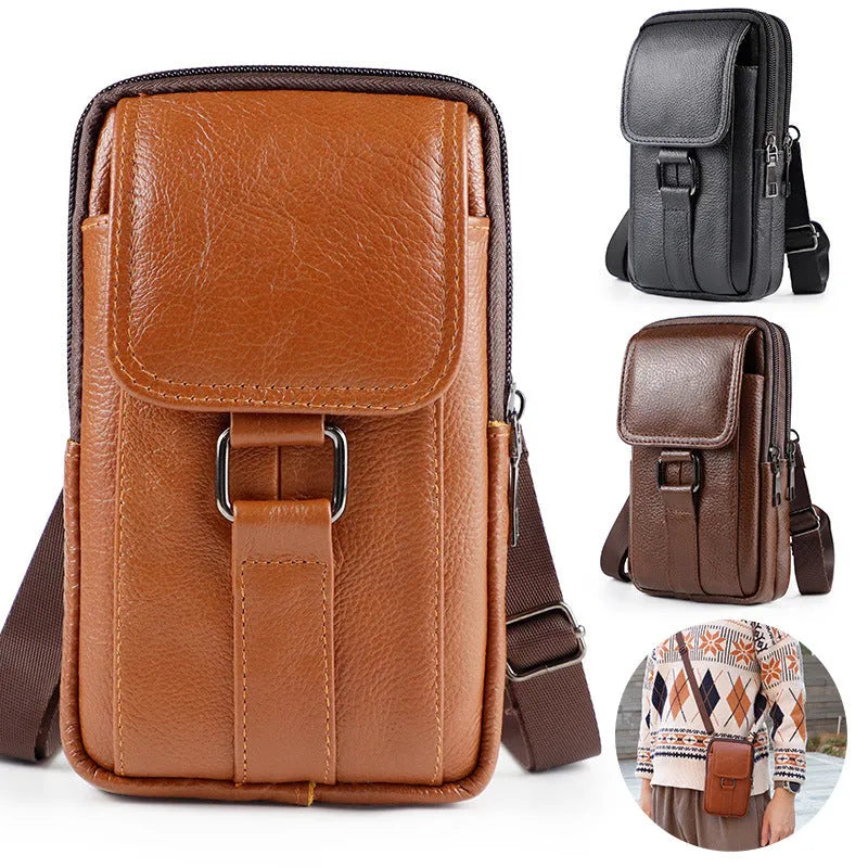 Men's genuine leather crossbody waist bag vertical square design with secure lock