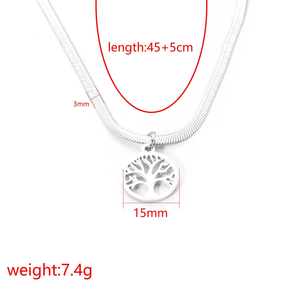 Stainless steel lucky tree necklace on a snake bone chain, showing gold and steel colour options.
