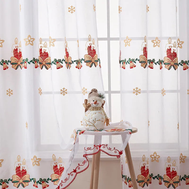 Pair of American-style Christmas curtains with embroidered snowflake pattern on polyester fabric