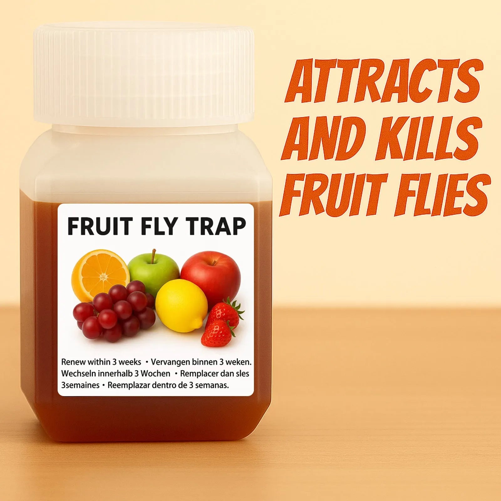 Bottle of fruit fly trapper bait liquid with optional funnel for kitchen pest control