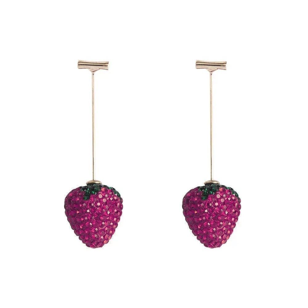 Red geometric strawberry stud earrings made from zinc alloy for women.