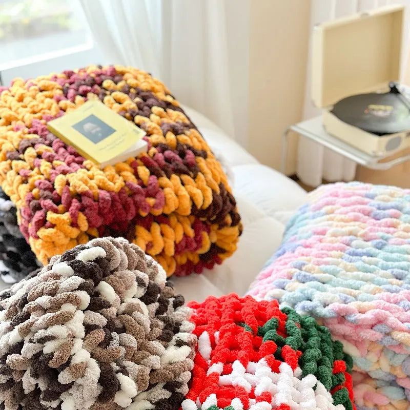 Chenille cover blanket with thick ice bar striped pattern in caramel mango colour
