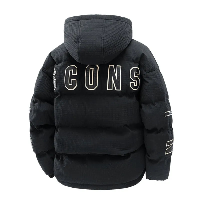 Man wearing a black, Korean-style, hooded cotton-padded winter coat with side pockets.