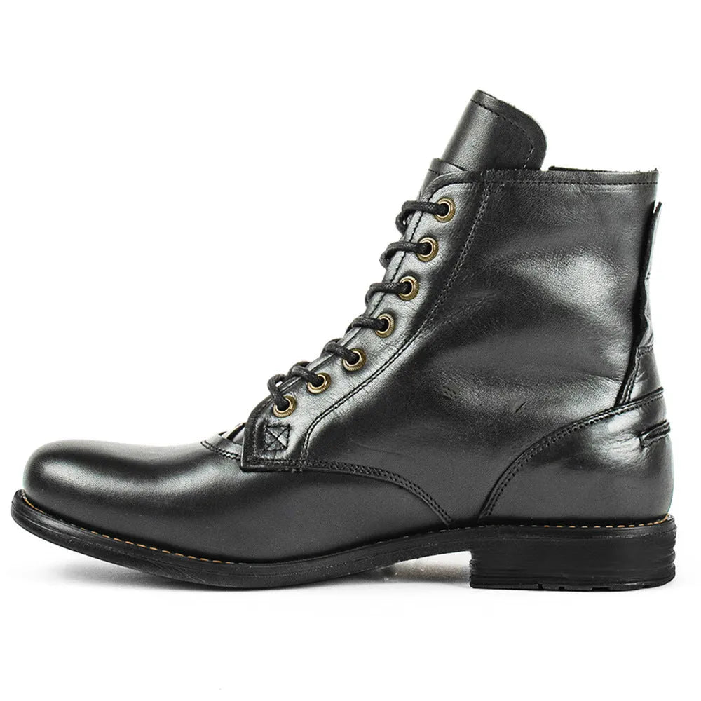 Knight Series men's black two-tone leather ankle boots with side zipper and low heel.
