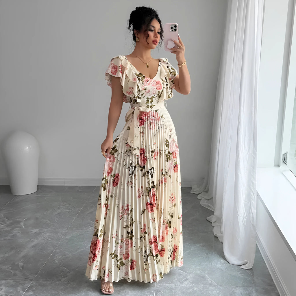 Apricot V-neck floral print dress with ruffled sleeves and swing skirt