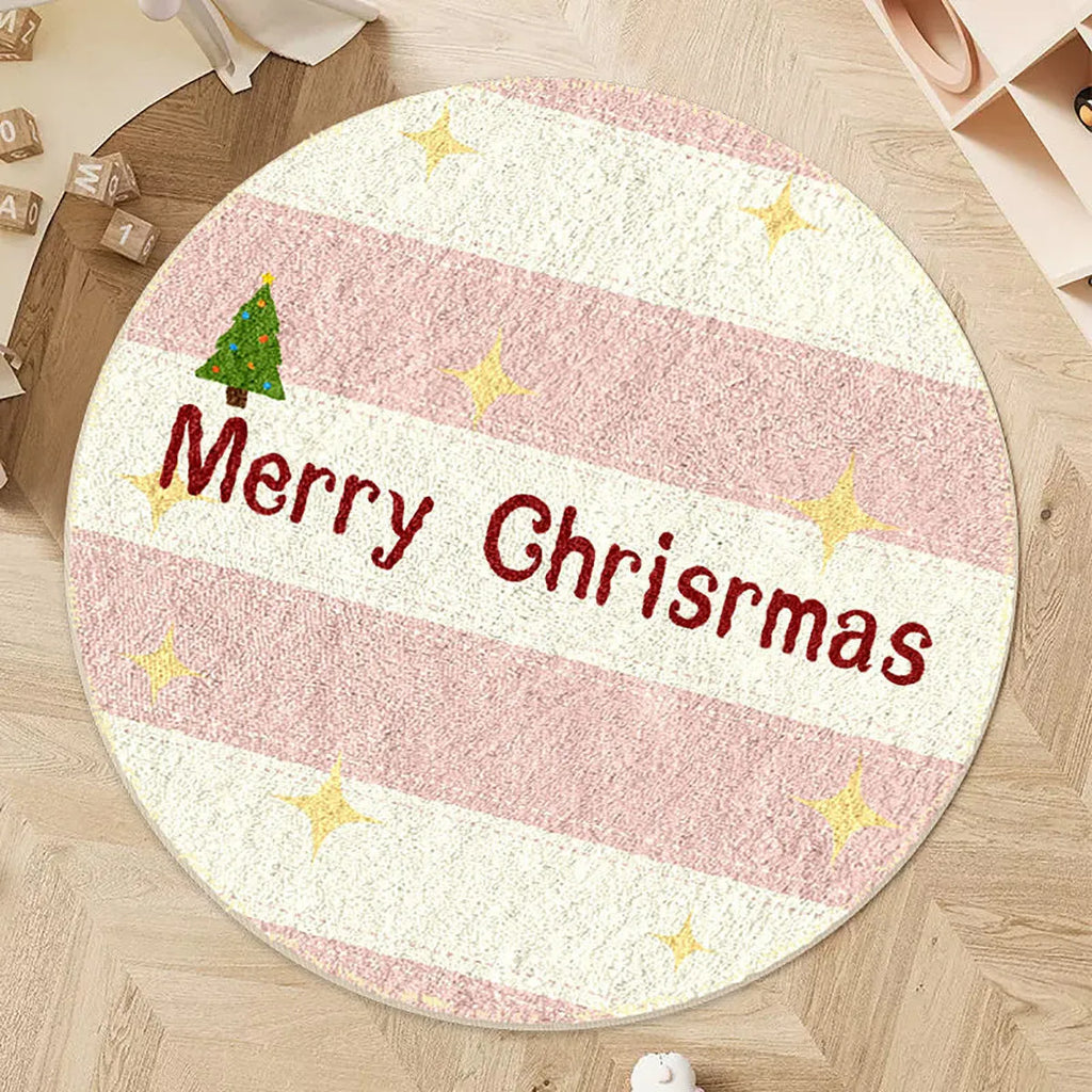 Round Christmas carpet with imitation cashmere fabric showing festive prints of gingerbread man and Christmas stockings