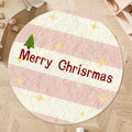 Round Christmas carpet with imitation cashmere fabric showing festive prints of gingerbread man and Christmas stockings