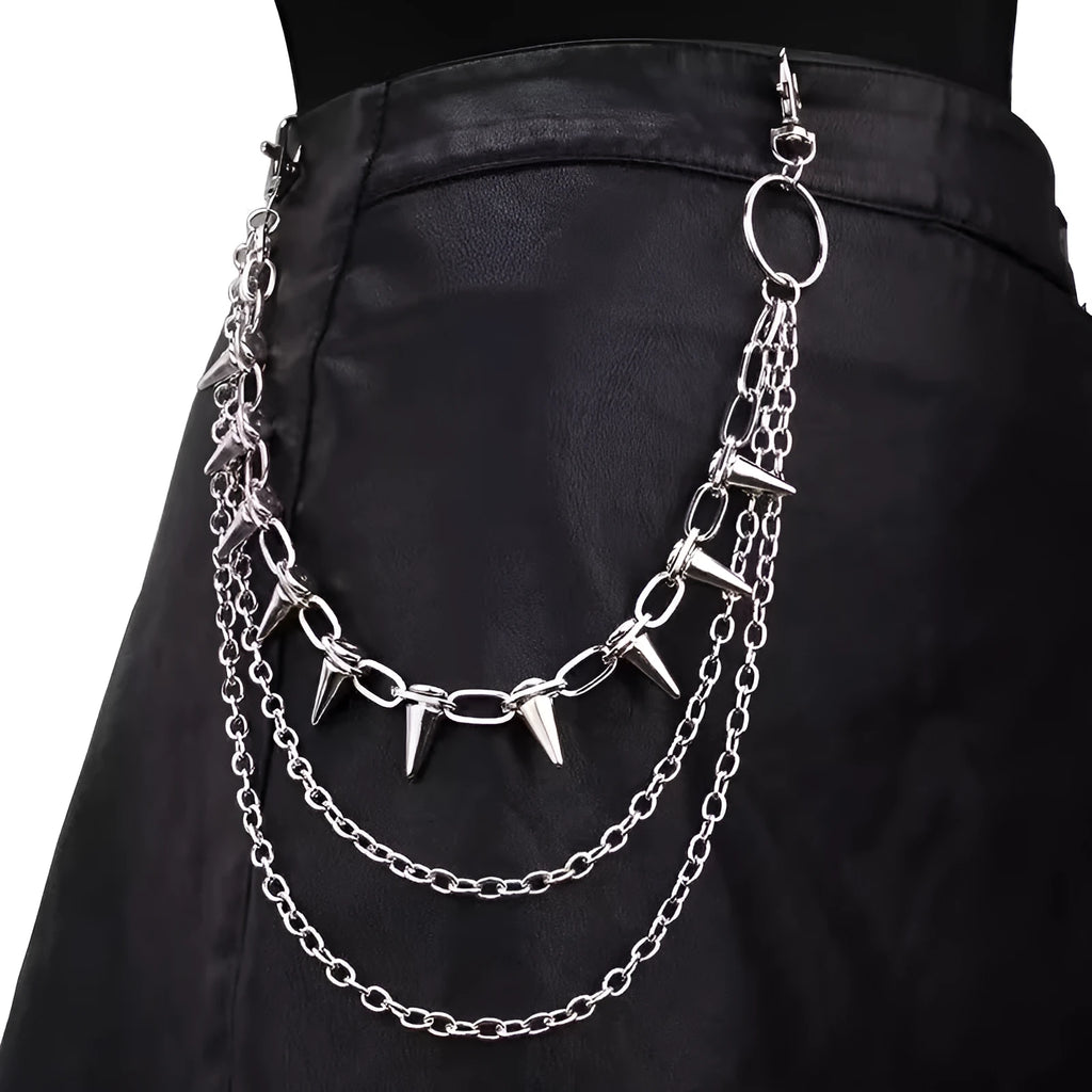 Silver metal pants chain with dark punk rivet ornaments measuring 115cm length for women's trousers
