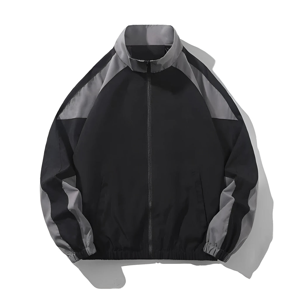 Men's loose fit casual jacket with contrast stitching and side pockets in black or dark blue.