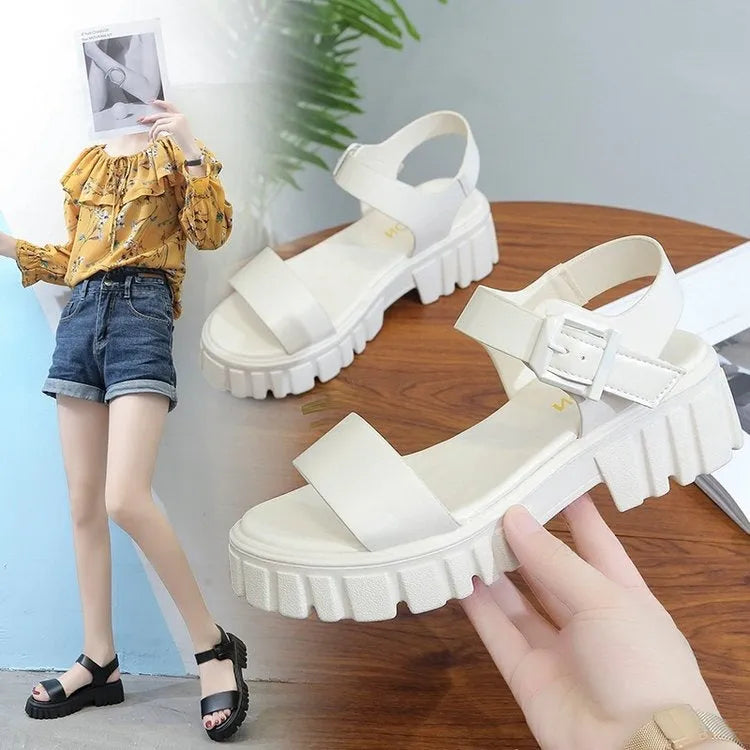 Beige women's peep toe platform sandals with an ankle-strap buckle and fish mouth toe design.