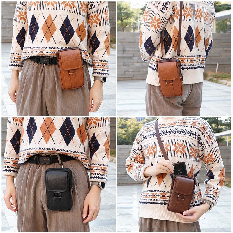 Men's genuine leather crossbody waist bag vertical square design with secure lock