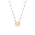 White mother of pearl shell flower necklace on O-shaped chain with gold or silver tone finish