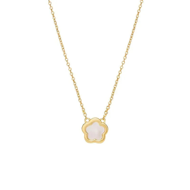 White mother of pearl shell flower necklace on O-shaped chain with gold or silver tone finish