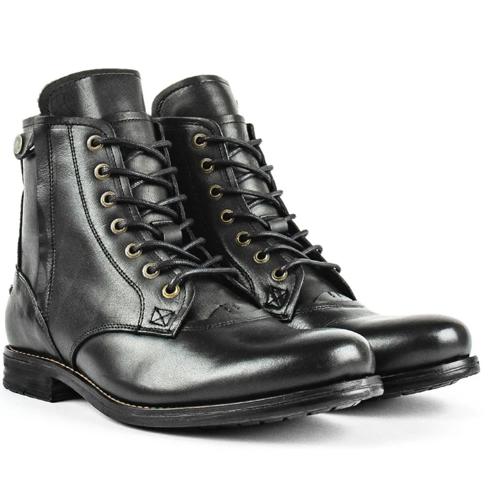 Knight Series men's black two-tone leather ankle boots with side zipper and low heel.