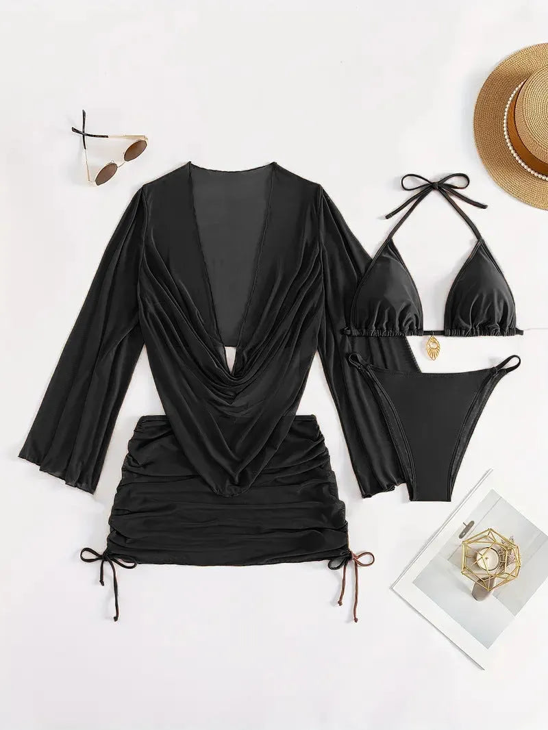 Women's dark brown backless bikini suit with lace-up detail and tight solid color design