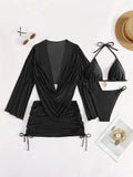 Women's dark brown backless bikini suit with lace-up detail and tight solid color design