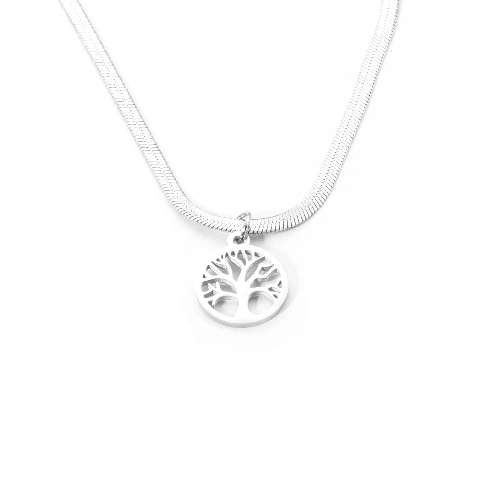 Stainless steel lucky tree necklace on a snake bone chain, showing gold and steel colour options.