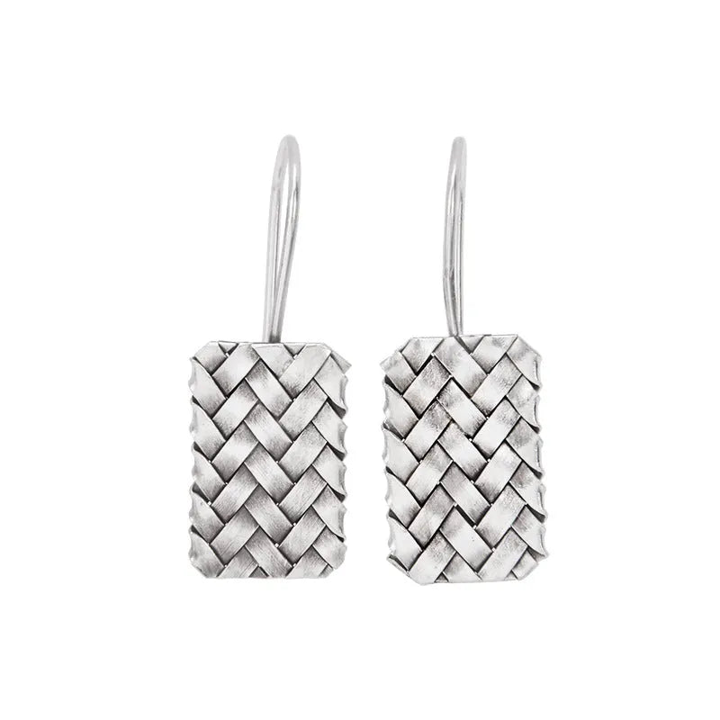 Women's 925 silver earrings with woven diamond plaid geometric pattern