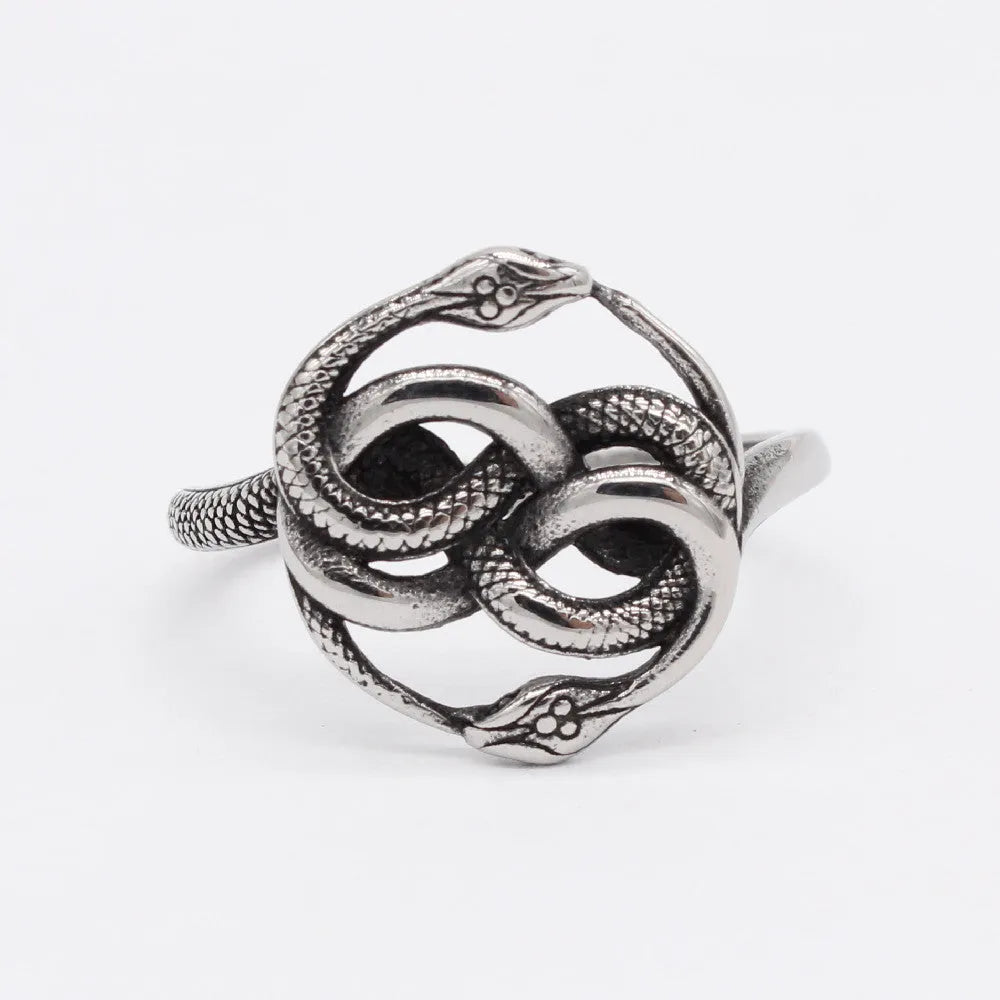 Retro double snake ring in steel colour made from titanium steel available in sizes 6 to 13