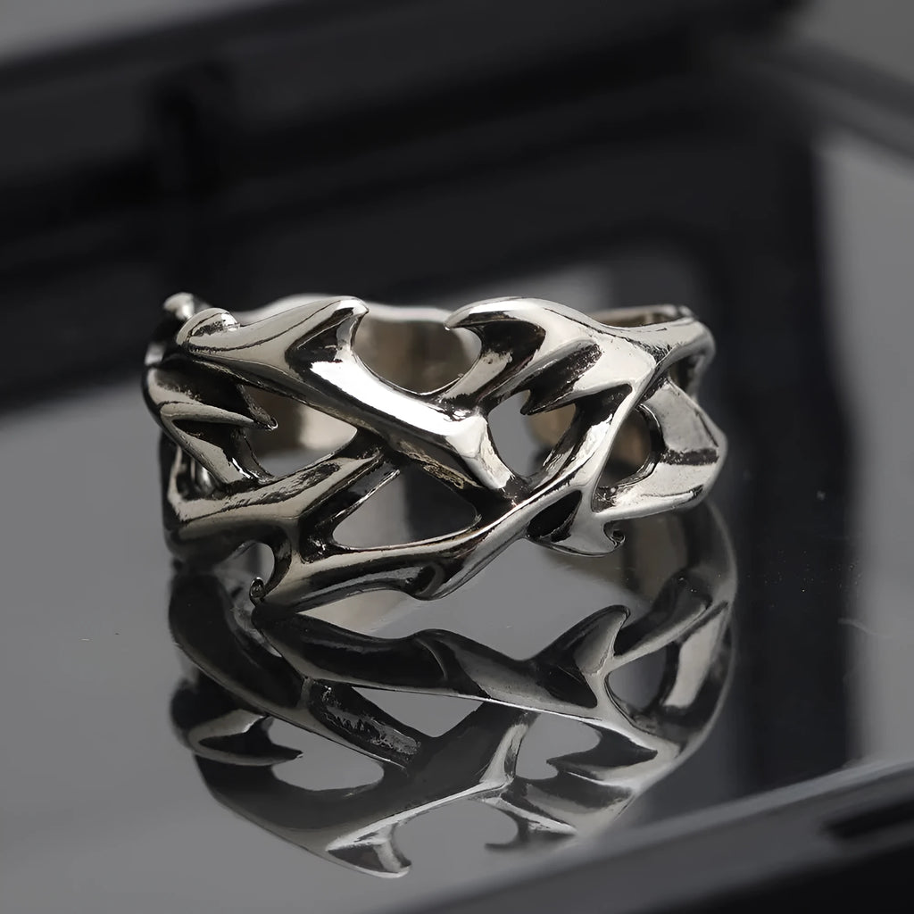 Copper adjustable flower ring with geometric thorn design in J2150 colour finish