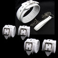 White PU sponge bondage set showing handcuffs, ankle cuffs, and a neck scarf.