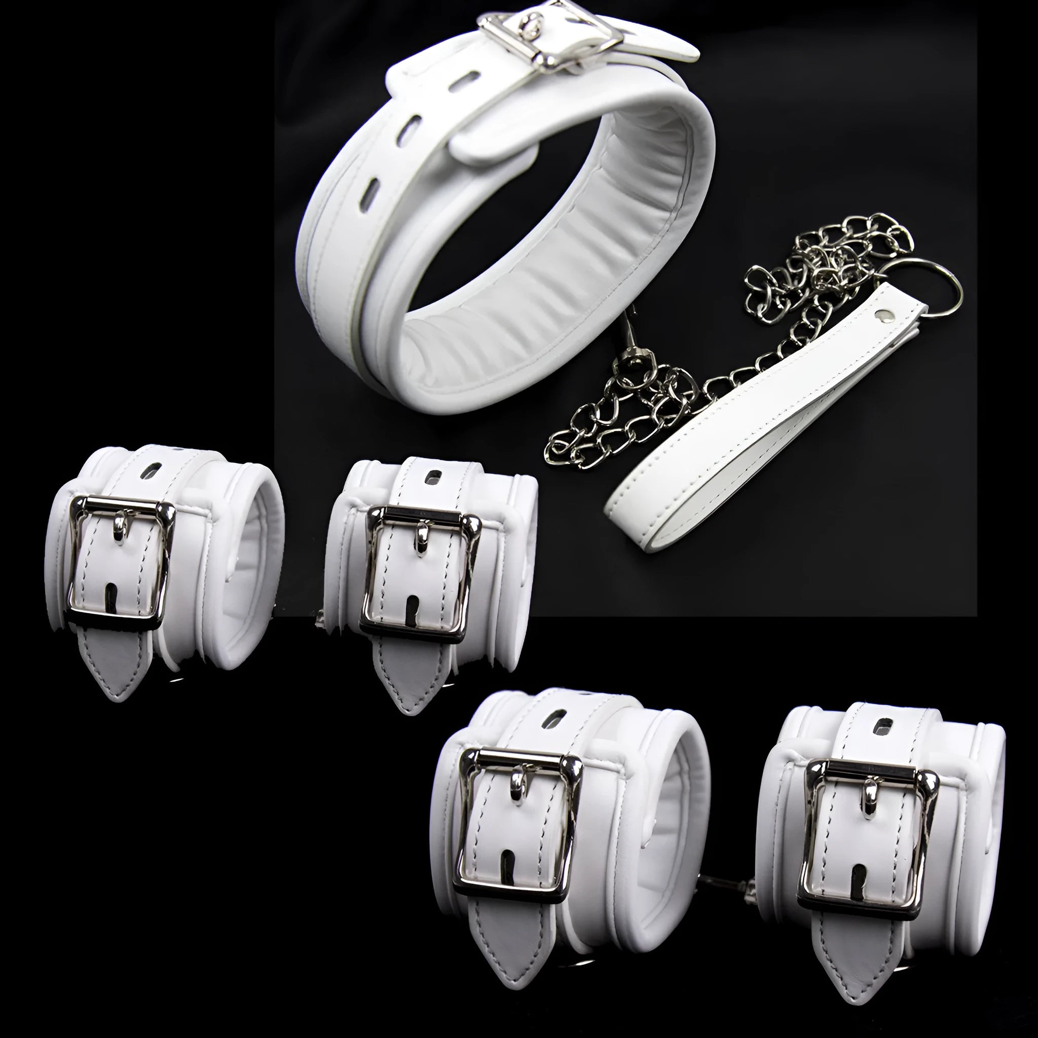 White PU sponge bondage set showing handcuffs, ankle cuffs, and a neck scarf.