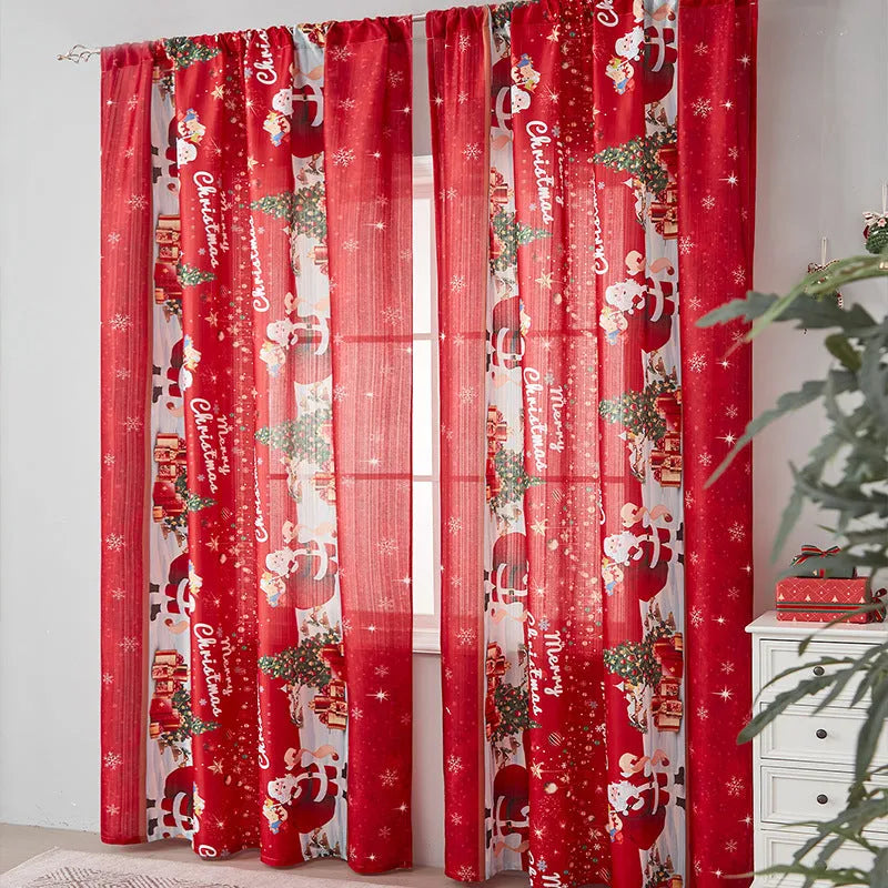 Rectangular printed polyester curtain with Christmas pattern offering semi-sunshade.
