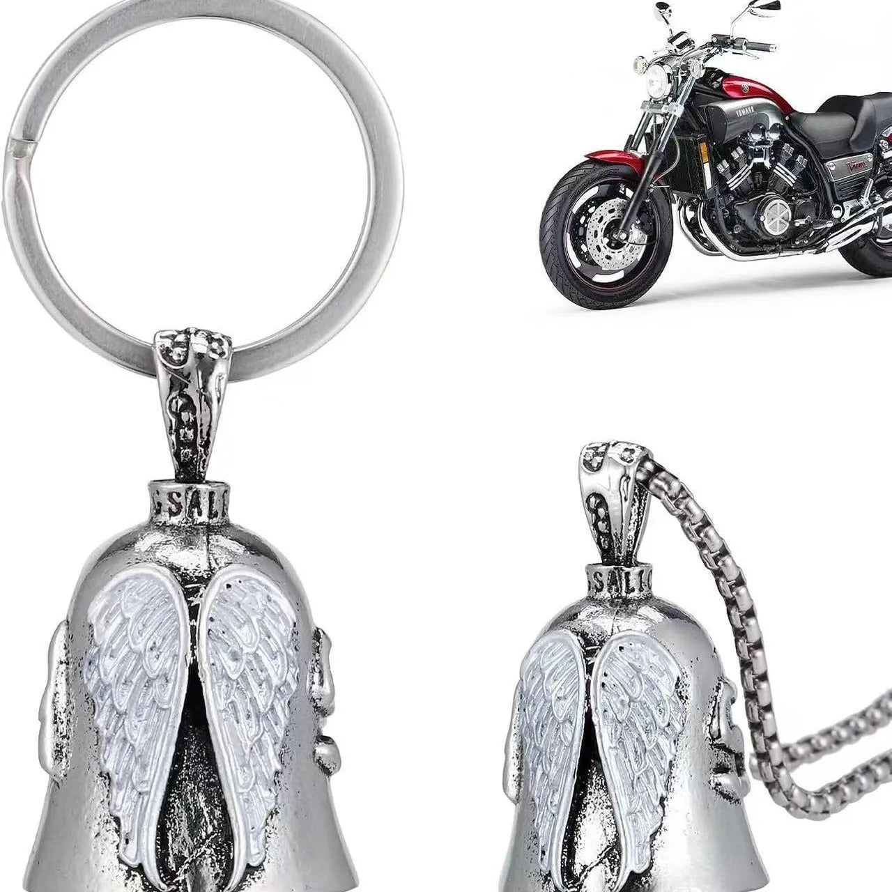 White vintage angel feather design on a zinc alloy necklace and matching keychain.