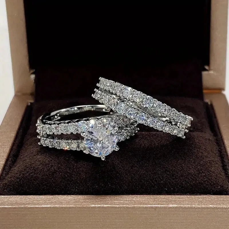 2 in 1 fully jewelled female ring set in geometric shape with diamond treatment, available in silver, gold, or rose gold.