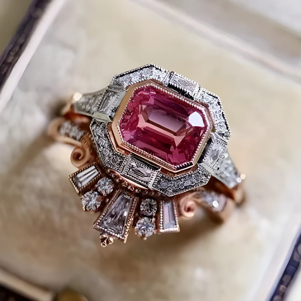 Rose gold women's ring with geometric ruby design in European American retro style