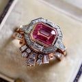 Rose gold women's ring with geometric ruby design in European American retro style