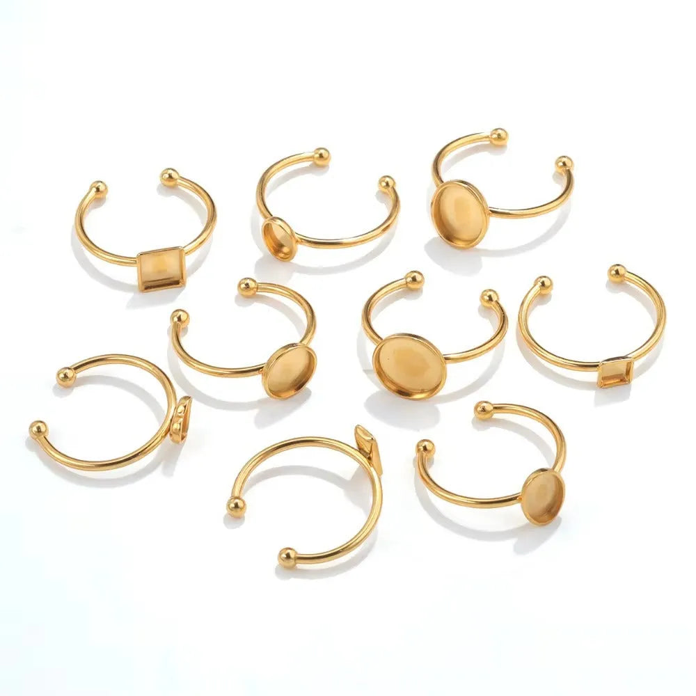 Golden electroplated stainless steel ring setting with multiple shape options for DIY jewellery making