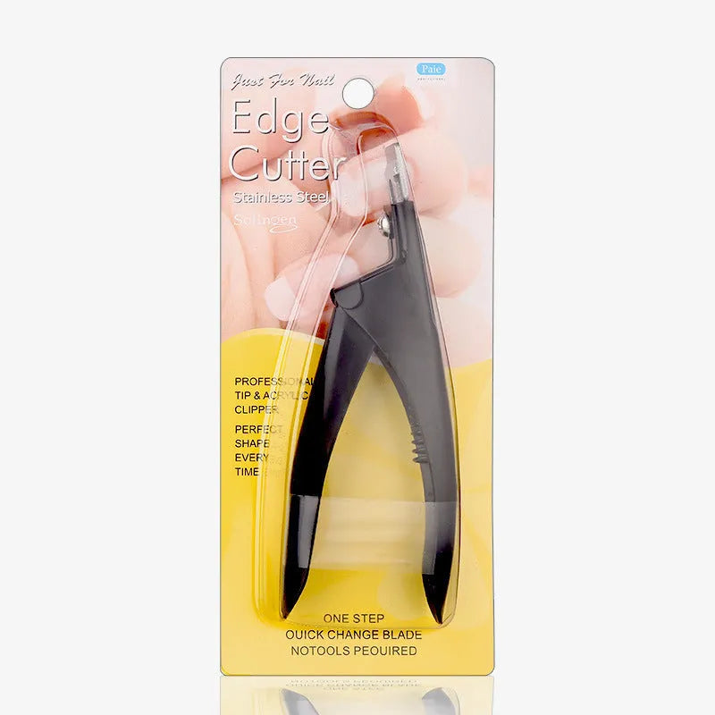 Stainless steel French U-shaped nail art scissors shown in electrophoresis black, colour titanium, and silver thin handle options.