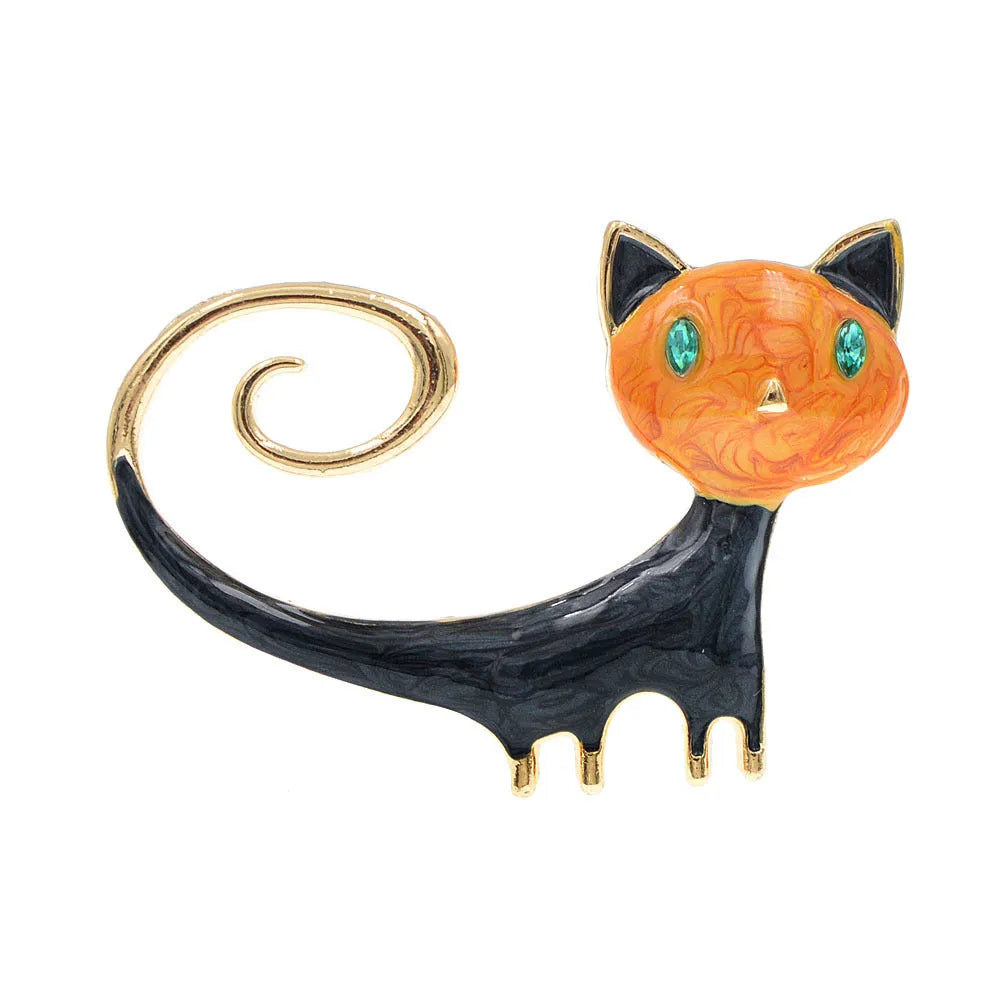 Personalised white and orange alloy cat brooch with painted tail detail.