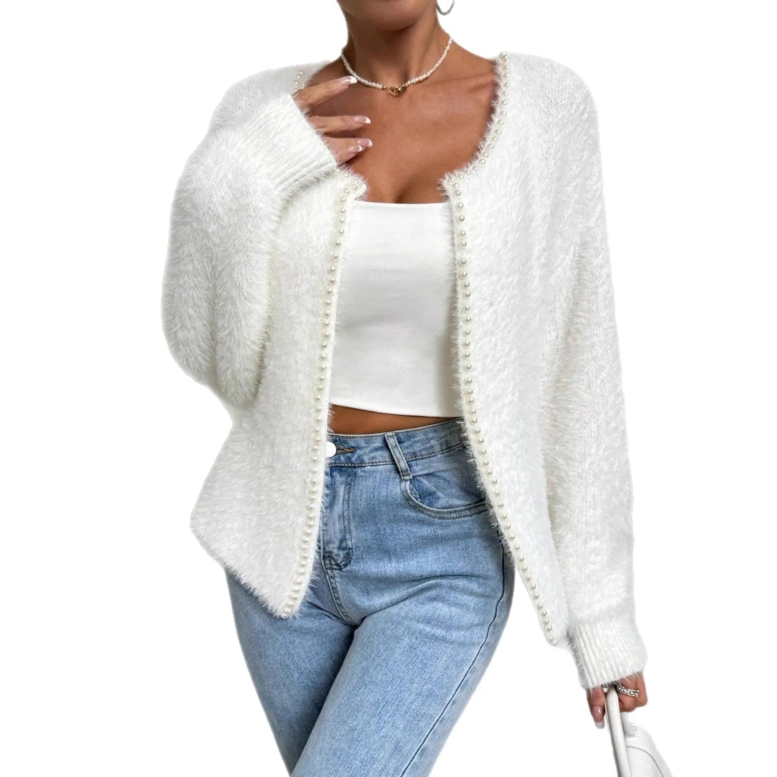 White women's V-neck cardigan with beaded knit detail on a hanger.