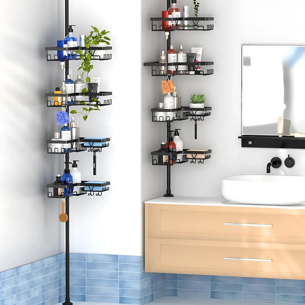 Hole-free retractable stainless steel bathroom storage rack with four tiers
